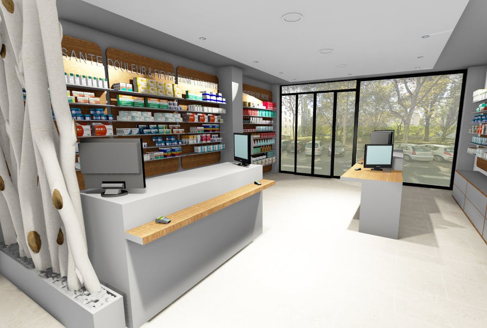 Vue des caisses et comptoir de vente - projection 3D vue d'architecte d'une pharmacie aménagée par ArchiPharma