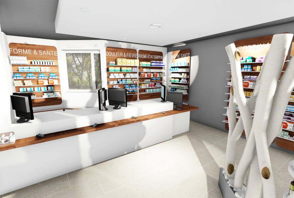 Vue intérieure et projection 3D d'une pharmacie aménagée par ArchiPharma