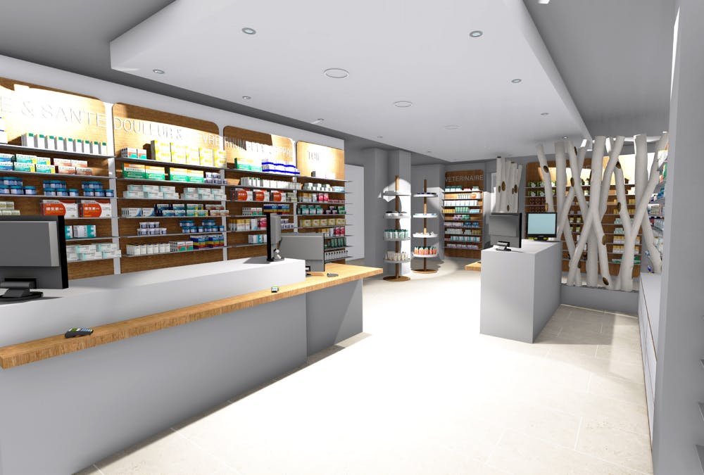 Vue des caisses et comptoir de vente - projection 3D d'une pharmacie aménagée par ArchiPharma